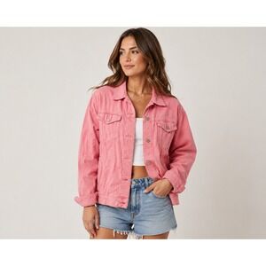 Denim Jacket Womens 3XL Pink Distressed Oversized Button Front Streetwear